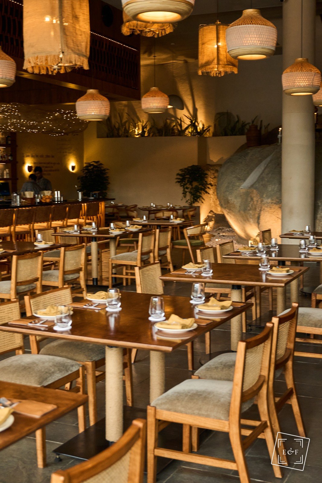 Restaurant interior with handwoven lanterns